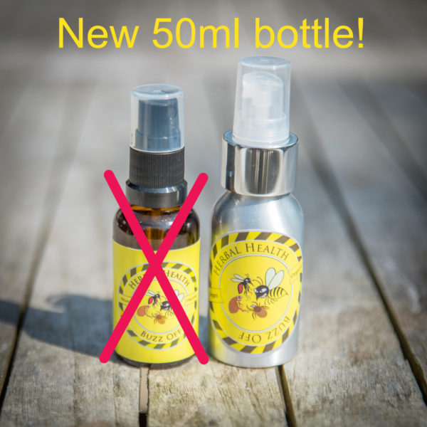 Old smaller glass bottle and new, larger aluminium bottle side by side Text says "New 50ml bottle!" Red cross through glass bottle